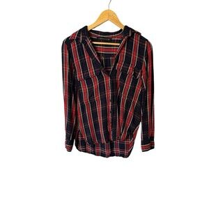 Zara Plaid Button Up Top Women M Red Blue Long Sleeve Breast Pocket EUC
